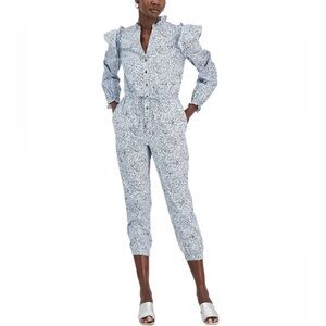 INC International Concepts Cotton Printed Ruffled Jumpsuit Peri Paisley UU